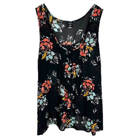 Torrid Plus Sz‎ 4X Tank Top Chiffon Black Floral Split Tulip Back Semi Sheer 267 - Picture 1 of 8